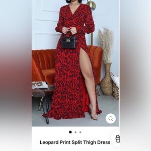 Red Leopard Print Maxi Skirt with High Slit